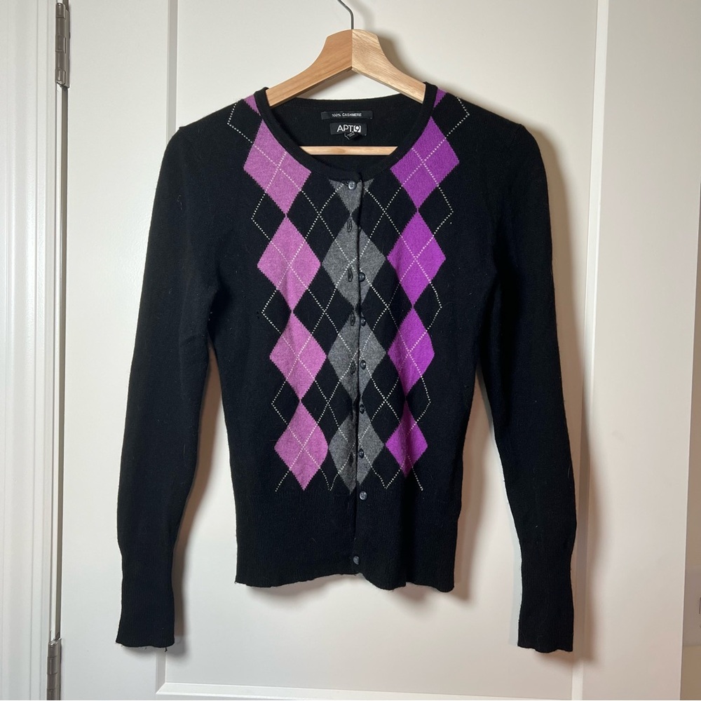 Apt. 9 100% Cashmere Argyle Purple, Black, Gray Button-Up Cardigan Sweater 💜🖤